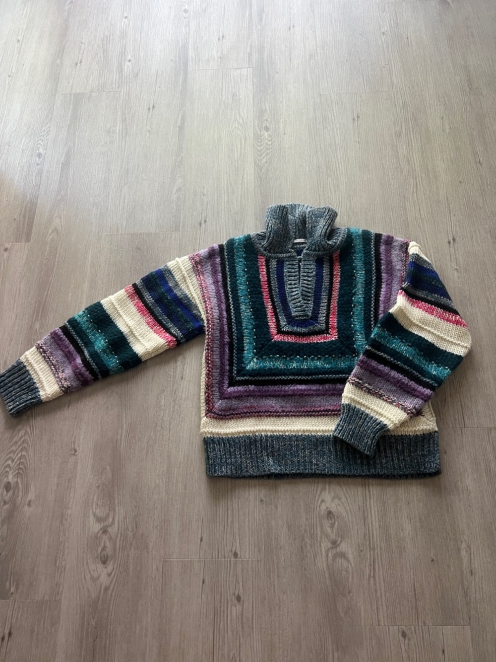 MOTHER Multicolor Striped Zip-Up Knit Sweater in Teal, Purple, Cream & Gray